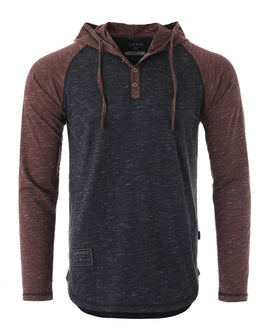 ZIMEGO Long Sleeve Raglan Henley Round Bottom Hood T-Shirts - BLACK / MAROON