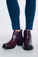 Original Maroon Blocked Mid Heeled Ankle Boots With Round Toe