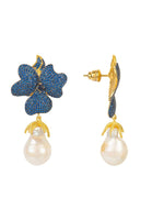 Original Baroque Pearl Sapphire Blue Flower Earring Gold