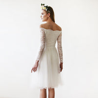 Original Short Wedding Dress ,Off-The-Shoulder  Lace and Tulle Midi Dress  #1156