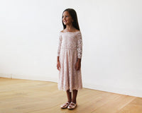 BLUSHFASHION - Original Off-The-Shoulder Pink Lace Midi Girls Dress #5042