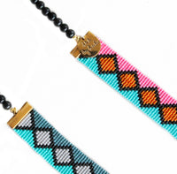 MIAMI NIGHTS - Original Long Woven Beaded Necklace  - Pink and Turquoise