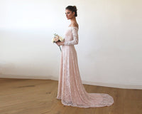 BLUSHFASHION - Original Baby Pink Off-The-Shoulder Dress With Train #1148