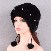 Original Women's Winter Warm Rabbit Hats With Pearls Fashion Female Ball Caps