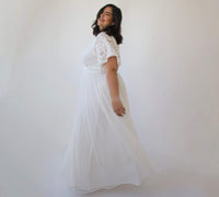 BLUSHFASHION - Original Curvy  Ivory Butterfly Sleeves, Lace Bohemian Wedding Dress With Mesh Chiffon #1321