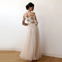 BLUSHFASHION - Original Off-The-Shoulder Floral and Champagne Tulle Dress  #1176