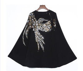 2024 Winter Knitted Cashmere Cloak Coat Birds Eagle Pattern Handmade Beading Sequins Embroidered Women Shwal Batwing Sleeve Coat