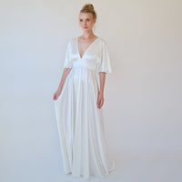 BLUSHFASHION - Original Bestseller Deep v Neckline Bat Sleeves Minimalist Wedding Dress #1350