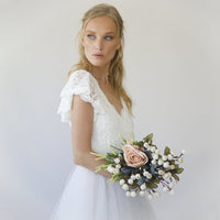 BLUSHFASHION - Original Fairy Blush Wrap Wedding Dress, Butterfly Sleeves and Puffy Tulle #1293