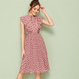 LUXURY AND ME - Original Pink Tie Neck Ruffle Trim Dot Pleated Fit and Flare Empire Dresses