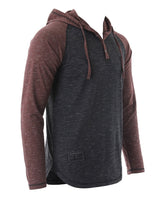 ZIMEGO Long Sleeve Raglan Henley Round Bottom Hood T-Shirts - BLACK / MAROON