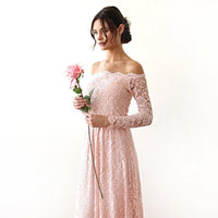 BLUSHFASHION - Original Pink Off-The-Shoulder Lace Dress With Train  #1148