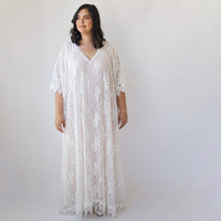 BLUSHFASHION - Original Curvy  Lace Blushed Ivory Bridal Kaftan ,Bat Sleeves Lace Wedding Dress #1312