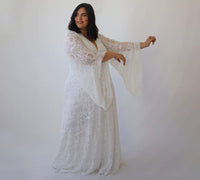 BLUSHFASHION - Original Curvy  Lace Ivory Bridal Kaftan With Fringe ,Bat Sleeves Lace Wedding Dress #1328