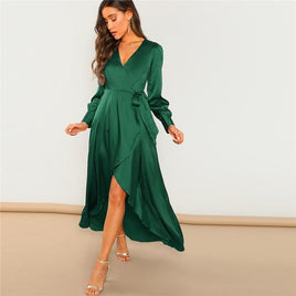 LUXURY AND ME - Original V-Neck Belted Wrap Asymmetric Party Maxi Dress