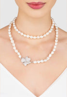 Original Flower Pearl Gemstone Long Necklace White CZ Silver