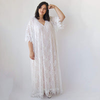 BLUSHFASHION - Original Curvy  Lace Blushed Ivory Bridal Kaftan ,Bat Sleeves Lace Wedding Dress #1312