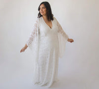 BLUSHFASHION - Original Curvy  Lace Ivory Bridal Kaftan With Fringe ,Bat Sleeves Lace Wedding Dress #1328