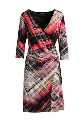 CONQUISTA FASHION - Original Print Jersey Faux Wrap Dress in Red