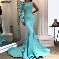 Original Mint Green Long Sexy Celebrity Dresses 2019 With One Sleeve Dubai Style Evening Gowns Free Shipping Prom Gowns Vestido De Festa