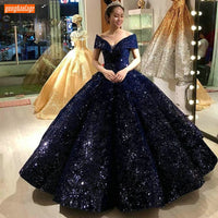 Original Fashion Dark Navy Ball Gown Evening Dresses Sweetheart Bling Off Shoulder Long Formal Dress Gala Customized Women Party Gowns