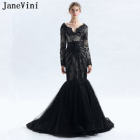 Original JaneVini Black Long Sleeves Evening Dress 2020 Lace V-Neck Formal Tulle Mermaid Ladies Mother of the Bride Dresses for Weddings