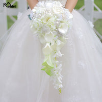 MELDEL - Original Bride Waterfall Wedding Bouquet Artificial Rose Calla Lily Flower Marriage Supplies Fake Diamond Pearl Luxurious Bouquets
