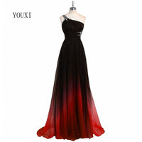 Original Sexy Criss-Cross Back One Shoulder Ombre Blue Black Red Chiffon Long Prom Dresses 2020 Real Photos Formal Party Gowns