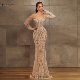 FLORIA - Original 2020 Mermaid Beading Prom Dresses Long Sexy Evening Dresses With Sleeves Women Wedding Party Dresses Robe Longue Turkish Couture