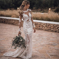 Original Sexy Illusion Sweetheart Lace Applique Mermaid Wedding Dresses 2021 Long Sleeves Bridal Gowns Open Back Formal White Wedding Bri