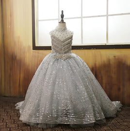 Original Luxury Customized Flower lGirl Dress Silver Crystals Beading Ball Gown Girls Pageant Gown Birthday Dress Kids Costumes