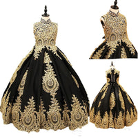 Original Luxurious Black And Gold Lace Flower Girls Dress High neck With Corset Back Crystal Designer Girl First Communion Pageant Gown