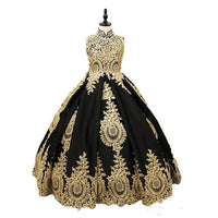 Original Luxurious Black And Gold Lace Flower Girls Dress High neck With Corset Back Crystal Designer Girl First Communion Pageant Gown