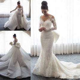 WUDANGSHAN - Original 2021 Luxury Mermaid Wedding Dresses Sheer Neck Long Sleeves Illusion Full Lace Applique Bow Overskirts Button Back Chapel Train