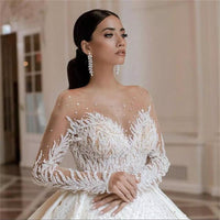 Original Luxury Arabic Dubai Beads Crystals Ball Gown Wedding Dresses 2022 Vestido de Noiva Soft Tulle Long Sleeve Wedding Bridal Gowns