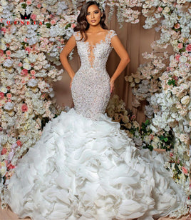 Original Luxury Wedding Dresses Mermaid Ruffle Train Lace Appliques Crystal Beaded Diamonds 2022 New Design Bride Gowns Custom Made JY55