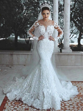 Original Sparkly Lace Wedding Dress Mermaid Illusion Bodice vestido de noiva Long Sleeve Sheer Neck Appliques Bridal Gowns 2022 Spring