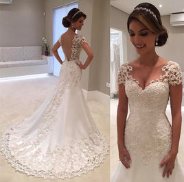 Original New Illusion Vestido De Noiva 2022 White Backless Lace Mermaid Wedding Dress Cap Sleeve Wedding Gown Bride Dress