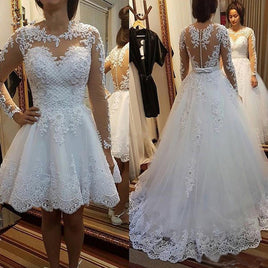 Original Vestido De Noiva 2022 Short Dress or 2 em 1 Wedding Dress Long Sleeves Lace Illusion Bridal Gowns