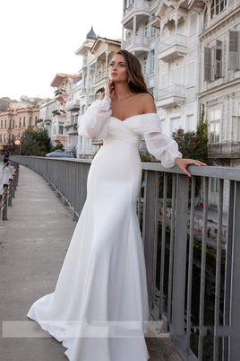 Original Elegant Ladies Satin Mermaid Wedding Dress With Long Puff Sleeves Sexy Lace Beach Bridal Dress Srapless Bridal Dress vestidos