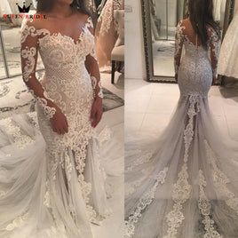 Original Custom Made 2022 New Vintage Lace Tulle Pearls Elegant Sexy Mermaid Wedding Dresses Long Sleeve Vestido De Noiva KA07S