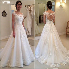 MYYBLE - Original White Vintage Lace Appliques Wedding Dresses 2022 Sheer Back Cap Sleeves Cheap Bridal Dresses vestidos de novia