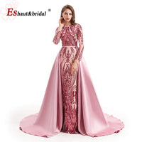 Original Muslim Pink Elegant Long Sleeves Mermaid With Detachable Train Evening Dresses Gowns for Woman Serene Hill Plus