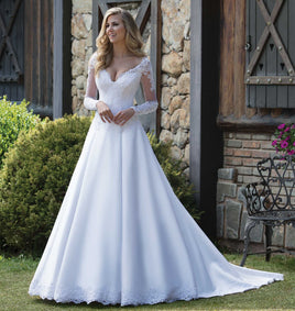 Original Custom Made A-line V-neck Long Sleeve Satin Tulle Lace Beading Crystal Elegant Formal Wedding Dresses Bridal Gowns  SC07