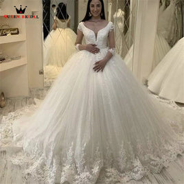 Original Elegant Plus Size Ball Gown Weddding Dresse V-neck 3 4 Sleeve Tulle Lace Appliques 2022 Fashion Formal Bridal Gowns SD53
