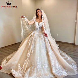 Original Luxury Ball Gown Puffy Weddding Dresse Long Sleeves Sequin Tulle Lace Crystal Appliques 2022 Gorgeous Dubai Bridal Gowns SD65