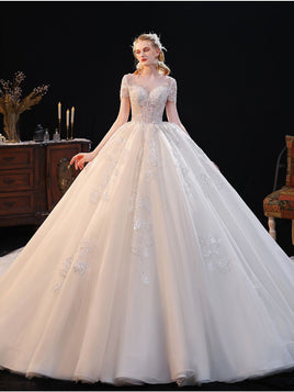 Original Gorgeous Appliques Chapel Train Ball Gown Wedding Dresses 2022 Appliques Lace Luxury Beading O-Neck Cap Sleeve Vintage Gown