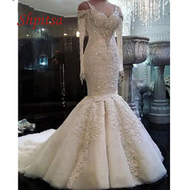 Original Sexy Long Sleeve Lace Wedding Dresses Mermaid Tulle Plus Size White Ivory Crystal Women Girl African Weeding Bride Bridal Dress