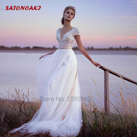 Original Vestidos De Novia Boho Tulle Wedding Dress 2022 For Women Elegant V-Neck Cap Sleeves Lace Appliques Illusion Backl Bridal Gown