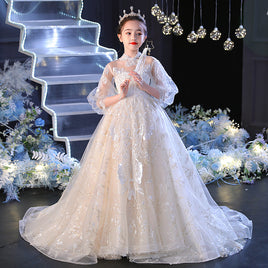 Original Shining Princess Tulle Scoop Flower Girl Dress Children First Communion Dress Ball Gown Wedding Party Dress Runway Show Pageant